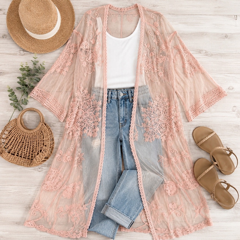 RACHEAL blush pink Lace mesh floral Embroidered kimono cardigan S/M  Boho‎